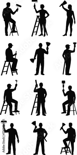 Painter silhouettes, cleaning workers, ladder poses, maintenance crew, paint roller action, janitorial staff, home improvement, wall painting, ceiling work, dusting tools