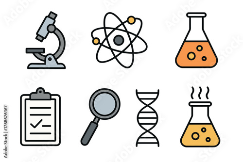 Illustrative icons of scientific tools including a microscope, atom symbol, beaker, checklist, magnifying glass, dna strand, and erlenmeyer flask.