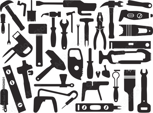 Hand tools silhouette collection, construction equipment icons, carpentry repair tools, black vector shapes, DIY maintenance