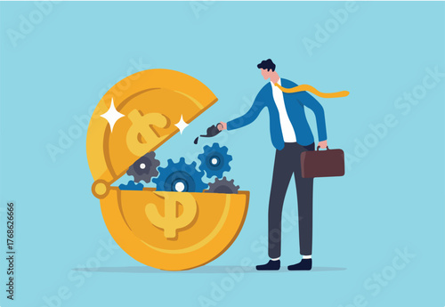 Financial or money liquidity to help economic stimulus, central bank monetary policy to help lubricate economy concept, businessman put lubricant oil on machine gear of opening money dollar coin. 