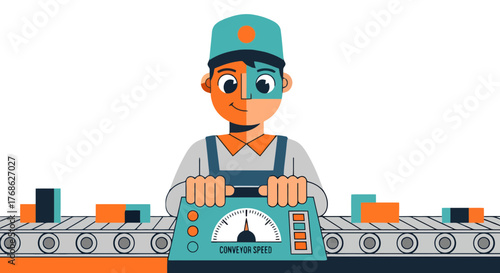 Factory Worker Controlling Conveyor Speed and Efficiency in Production Settings