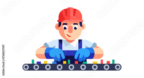 Factory Worker Examining Product Flow: Illustration of Production Process and Quality