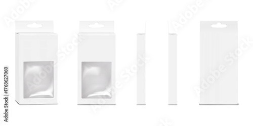 Thin tall white paper box with clear plastic window and euro slot. Front, side, back view. Realistic vector editable mockup. Hanging carton. Mock-up. Transparent container package. Template for design