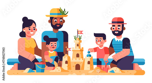 Family Bond Building A Sandcastle Together During A Beautiful Beachside Vacation