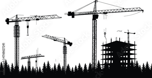 Construction site silhouette, tower cranes, urban development, building infrastructure, industrial machinery, engineering project, city growth, architecture, black and white illustration, forest edge