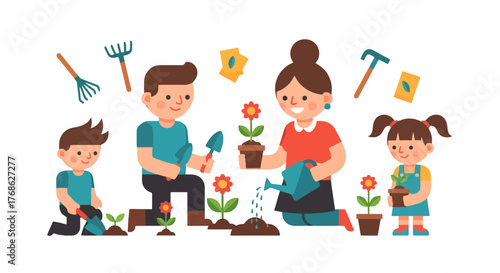 Family Gardening Together Depicting Horticultural Activity With Planting and Watering