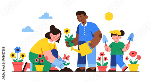 Family Gardening Together Depicts Joyful Moments Of Planting And Cultivating Flowers