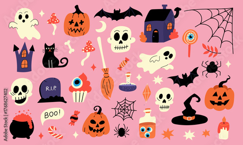 Halloween pink doodle set with ghosts pumpkins and bats