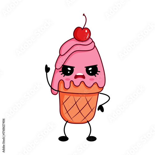 Vector illustration of pink ice cream cone character with angry face and cherry on top. Funny food concept for summer prints and sticker designs.