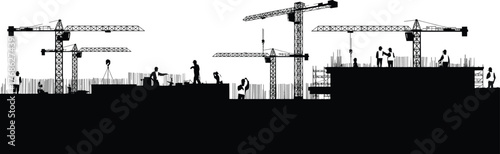 Construction site silhouette, tower cranes, workers, scaffolding, urban development, industrial labor, architecture, engineering, building process, infrastructure, city growth, teamwork, heavy
