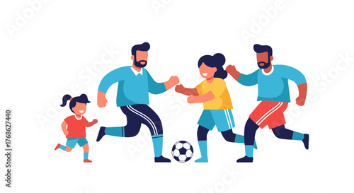 Family Playing Soccer Together Enjoying a Pleasant Day of Outdoor Leisure Activities