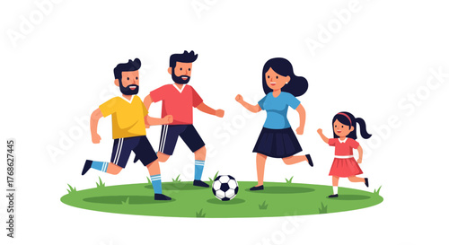 Family Playing Soccer on Grass Field Against Black Background, Sport Themed illustration
