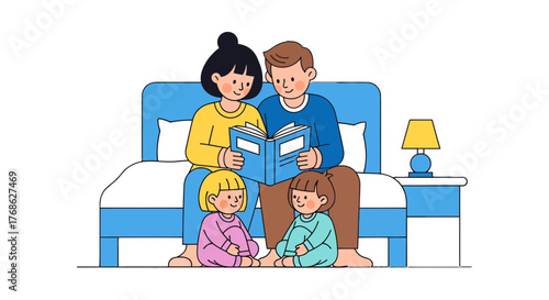 Family Reading Together Beside Bed Illustrating Bonds, Love, And Quality Time