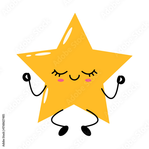Meditating kawaii star character in flat yellow style