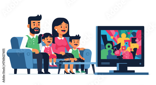 Family Watching Television Together, Enjoying Moments of Relaxation and Joyful Entertainment