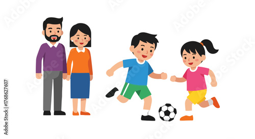 Family Watching Kids Play Soccer And Enjoying Happy Moments Together For Illustration