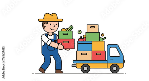 Farmer Loading Cartons Of Produce Into A Delivery Truck For Distribution Right Away