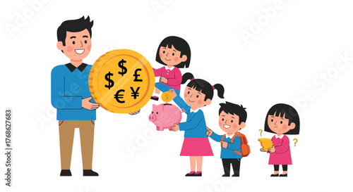 Father And Children Share A Giant Coin, Representing The Foundation Of Money And Financial Education