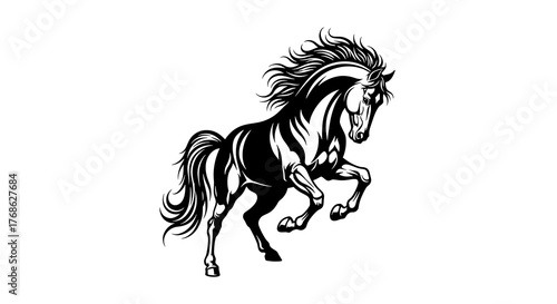 Monochromatic graphic of a powerful steed, rendered in a vintage engraving or woodcut art style