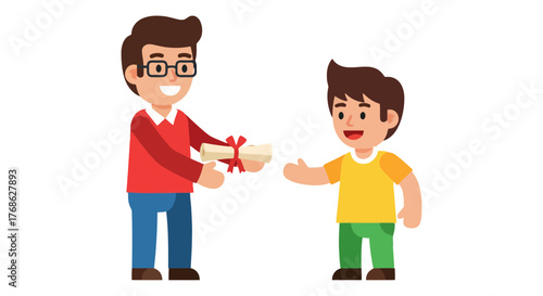 Father Bestowing a Graduation Scroll To His Son Against a Black Backdrop