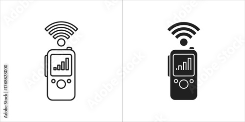 Black and white outline and filled icons of a portable device with signal waves