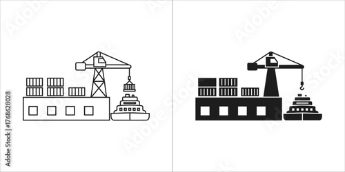 Shipping port with crane loading containers onto a ship, black and white outline and solid fill versions