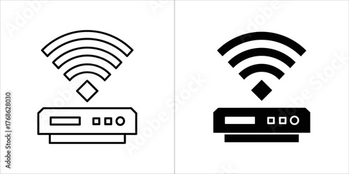 Wireless router device icon with wifi signal in outline and solid black versions
