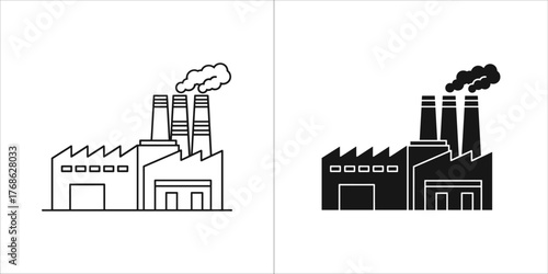 Industrial factory with smoking chimneys, black and white outline and solid fill versions