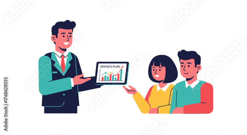 Financial Advisor Explaining Savings Plan To A Couple On A Black Background