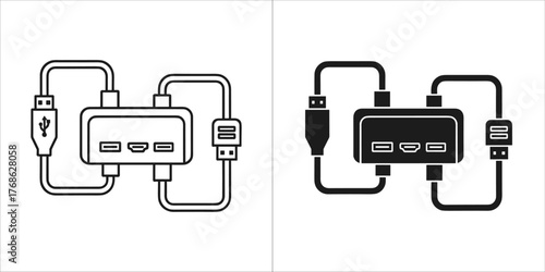 Outline and solid black icon of a usb hub with cables