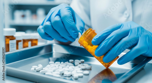 Gloved hands of a pharmacist pour white tablets from an amber bottle onto a tray, preparing medication for dispensing.
