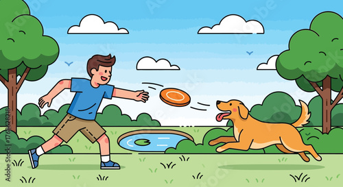 Young boy playing and throwing a frisbee to his dog.