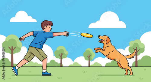 Young boy throwing a yellow frisbee to his happy golden retriever dog.