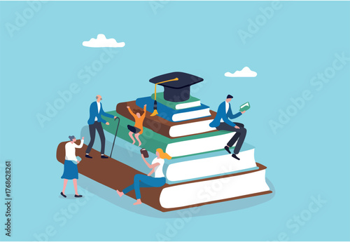 Lifelong learning, self study to motivate and improve skill development, continue learn new knowledge for life long concept, people in different age reading new books and study online on book stacked.