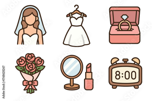 Simple colored icons depicting a bridal theme, with a bride in a gown, wedding dress on a hanger, engagement ring in a box, bouquet of roses, makeup set, and a clock showing 8:00.