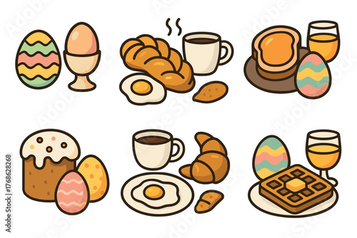 Colorful set of breakfast foods including easter eggs, pastries, coffee, and juice, all in a cheerful and cartoon-like style.