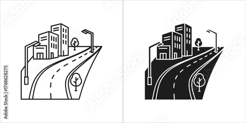 Cityscape with road and buildings, urban development and transportation concept