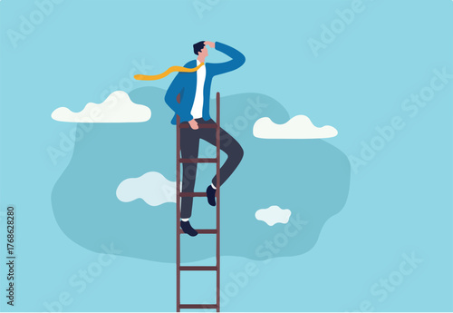 Ladder of success, vision to lead business to achieve goal or opportunity in career concept, smart confident businessman leader climb up to reach top of ladder high in the sky look forward to future.
