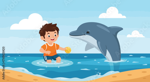 A young boy happily playing with a friendly dolphin in the sea.