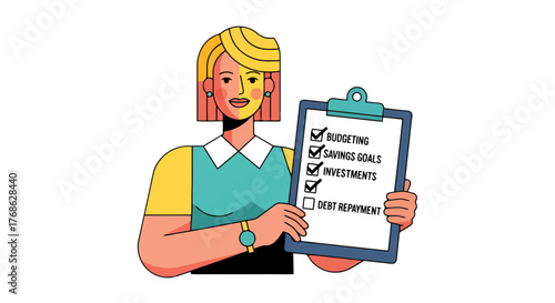 Financial Planning Checklist Concept With A Woman Holding Clipboard On Black Background