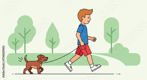 A young boy in casual clothes walking his small brown dog.