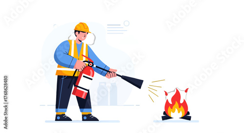 Firefighter Extinguishes Flames With Fire Extinguisher During An Emergency Situation