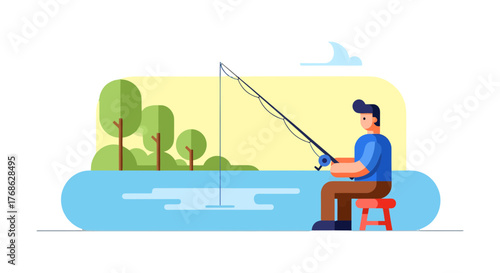 Fisherman Sitting Peacefully by the Lake Vector Illustration With A Fishing Rod