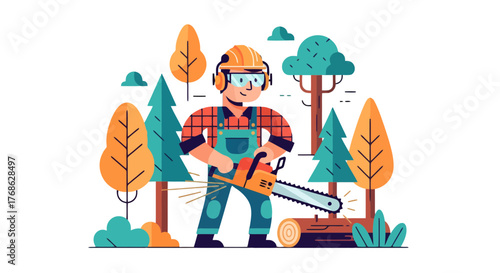 Forestry Professional Cutting Wood Using a Chainsaw During Timber Harvesting Operation
