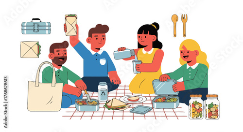 Friends Enjoying Picnic Outdoors with Reusable Containers and Eco-Friendly Practices
