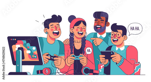 Friends Enjoying Time Together Playing Games on Computer and Mobile Devices