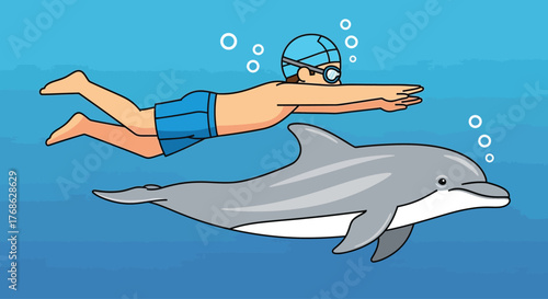 Cartoon illustration of a young boy swimming with a friendly dolphin.