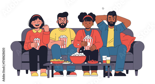 Friends Gathered Enjoying Cinema Time Together, Laughing, and Sharing Snacks