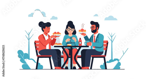 Friends Gathering Enjoying Food And Conversations In An Outdoor Cafeteria Setting