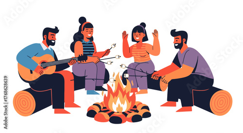 Friends Gather Around Campsite Bonfire, Enjoying Marshmallows and Music Together